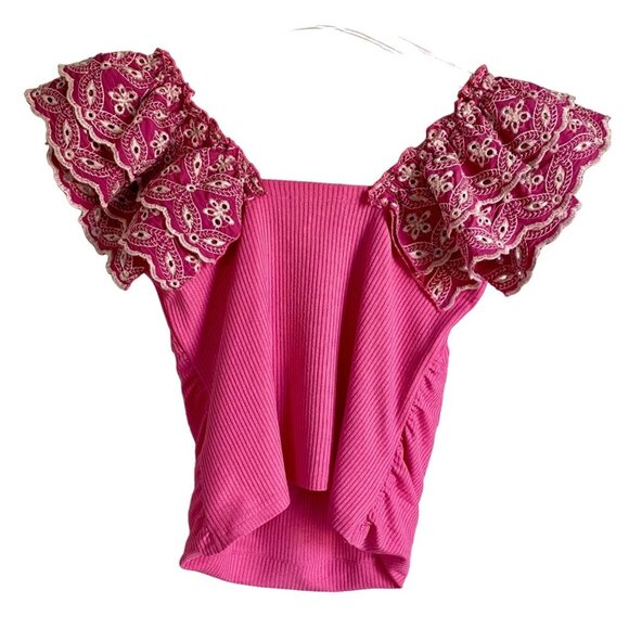 Bunulu Pink Ribbed Textured Top with Detailed Short Sleeves Women's Small - Picture 7 of 11